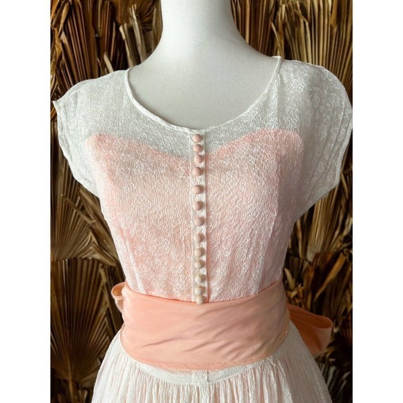 Vintage 1940s Gown Pink and White Organdy Lace Dress Bow Coquette‎ Wedding - Picture 5 of 16